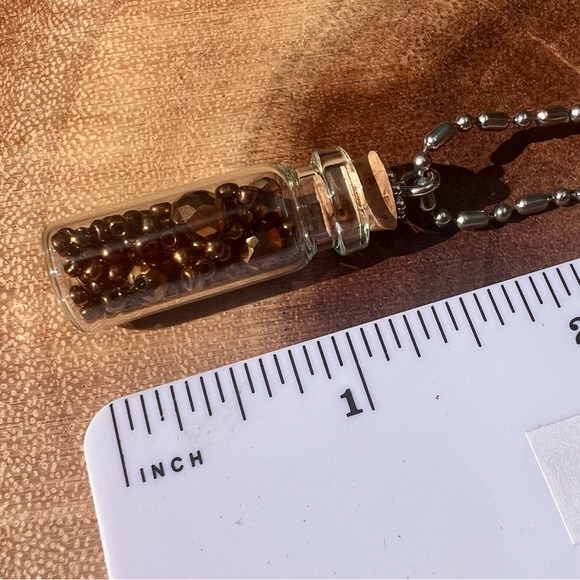 Glass Bottle Pendant Necklace with Brown Crystal Beads 18” Silver Tone Chain - Picture 6 of 8